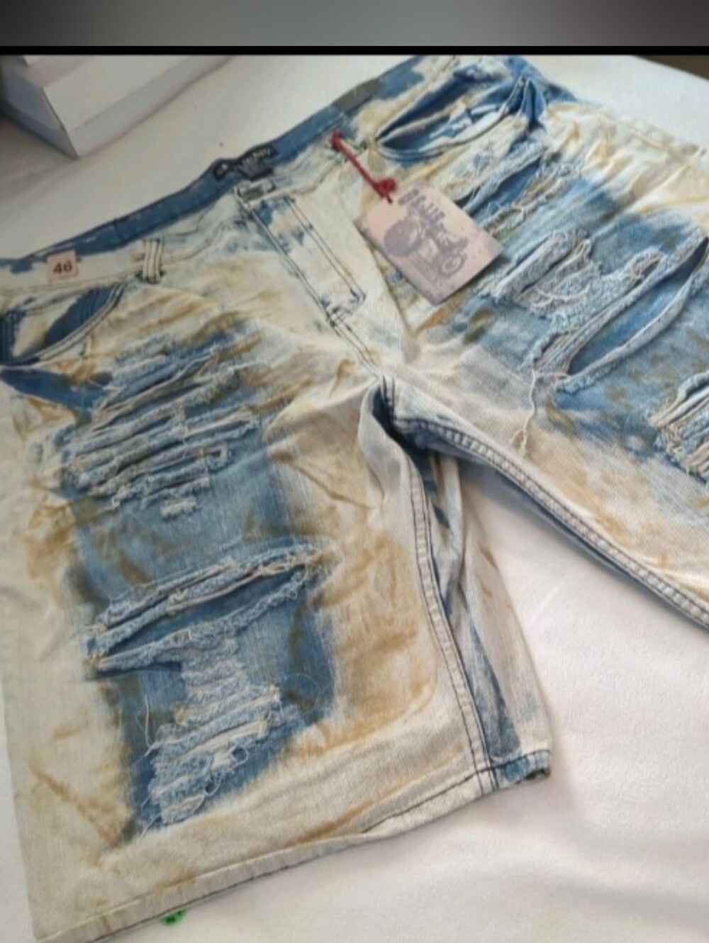 The GS-115 DENIM Light Wash Thrashed Distressed Shorts in size 46